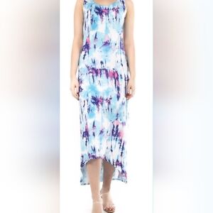 Nina Leonard High Low Tie-Dye Maxi Dress in Blue and Pink